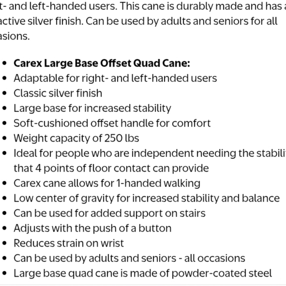 Carex Large Base Offset Height Adjustable Silver Quad Cane - Picture 10 of 14